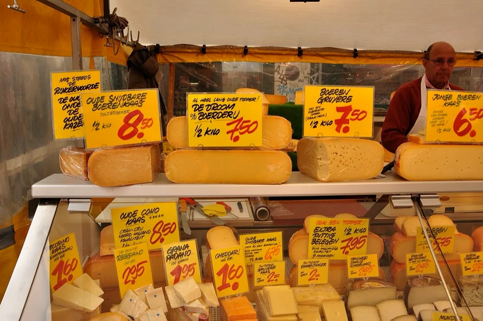 A cheese stall at the Albert Cuyp Market, De Pijp, Amsterdam