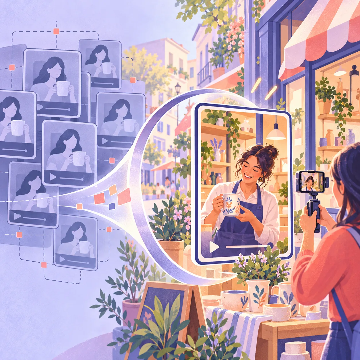 Illustration contrasting repetitive AI video templates with one authentic local business scene