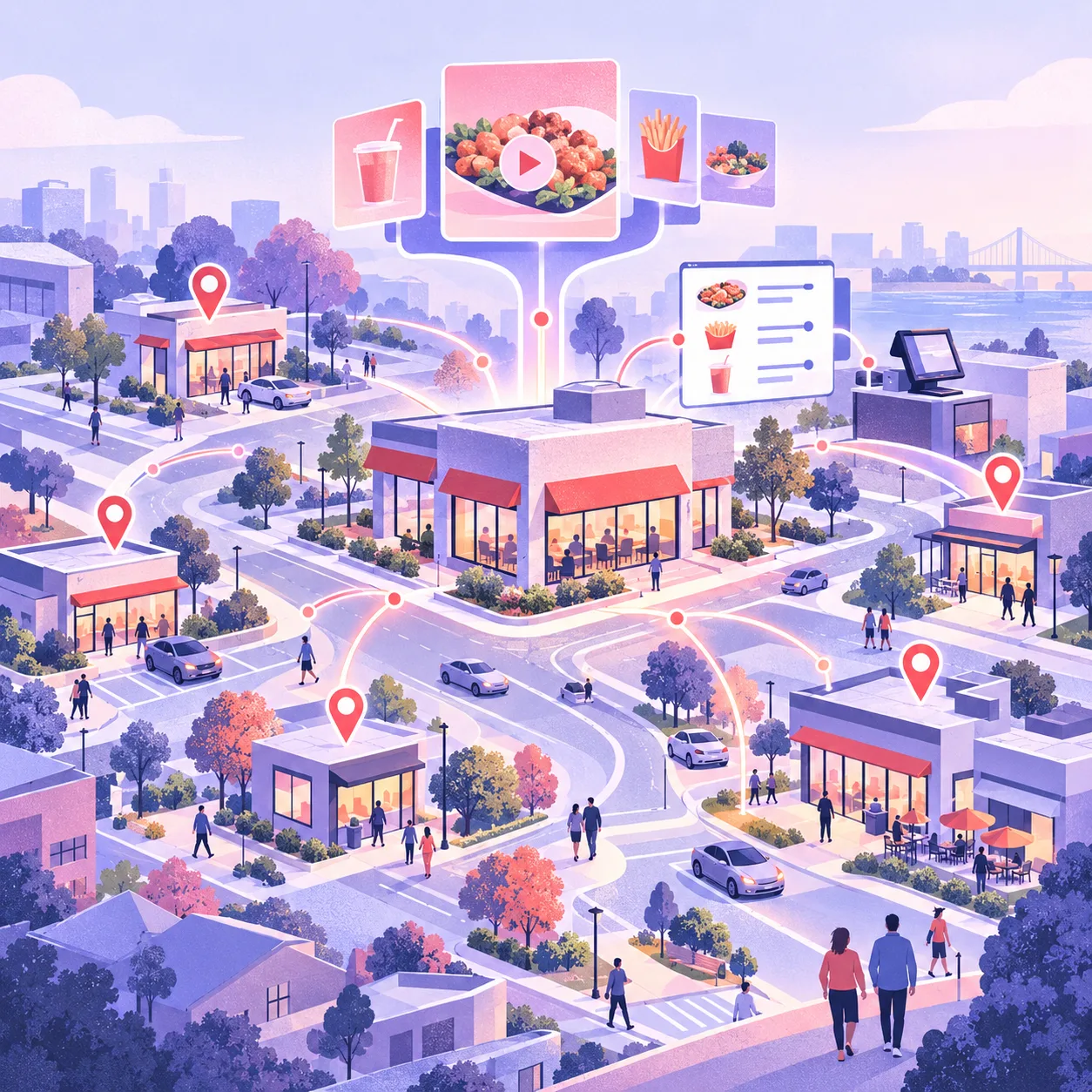 Illustration of restaurant locations connected by local data, visual advertising and visit paths