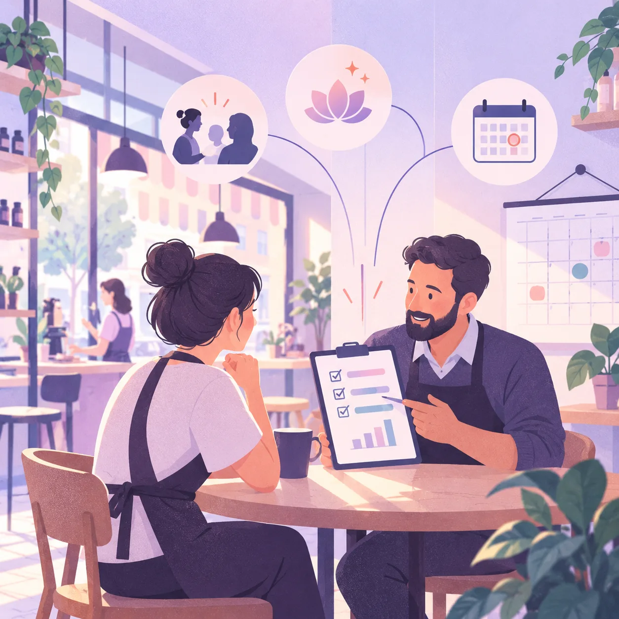 Illustration of a local business manager and employee reviewing behavior-focused goals and performance metrics